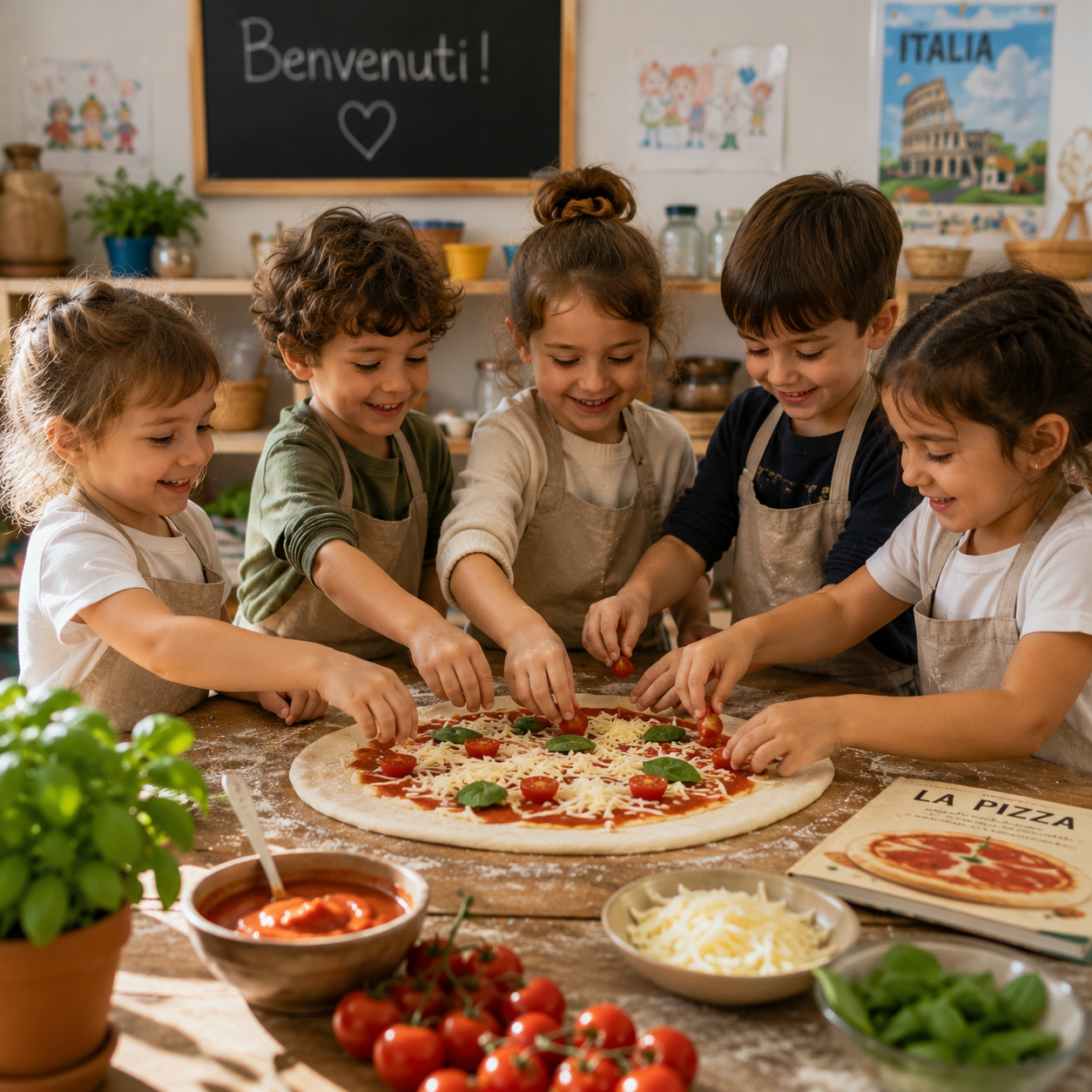 Five smiling children in aprons making a Margherita pizza together at a rustic wooden table in an Italian-themed classroom
